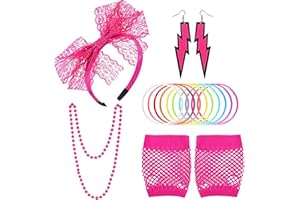 HOTSO 80s Fancy Dress for Women 1980s Neon Party Costume Accessories Set Lace Bow Headband Earrings Fishnet Gloves Necklace Retro Bracelet for 1980s Party Cosplay 80's Outfits Halloween