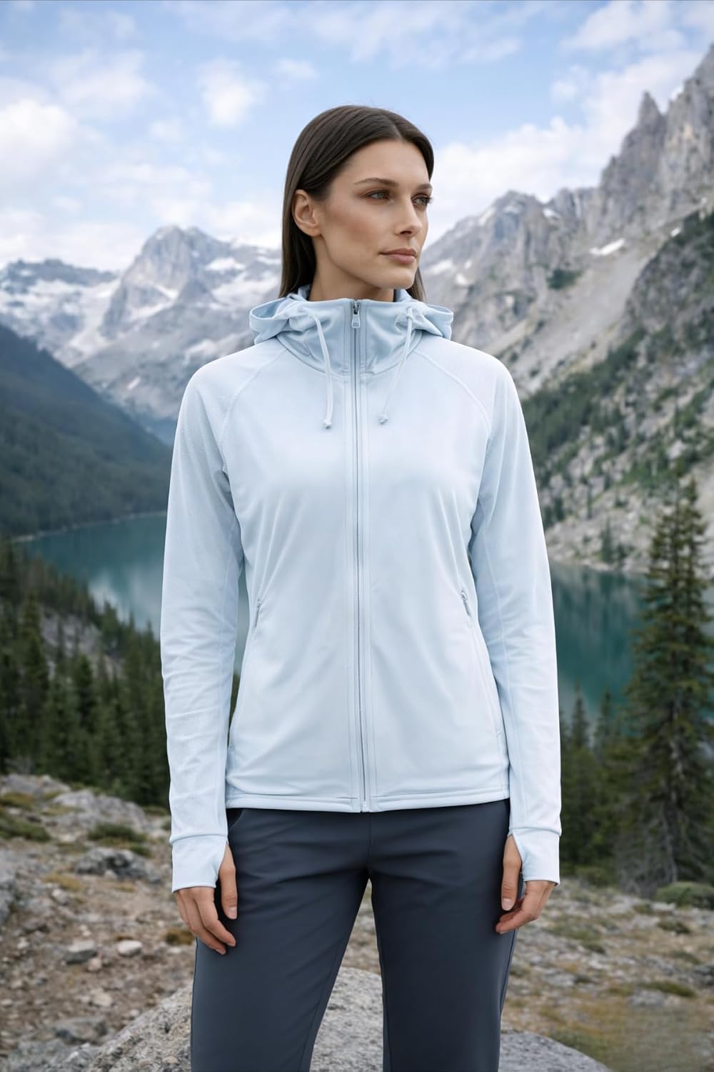 Chaqueta de protección solar con capucha para mujer, de ala ancha, máscara facial refrescante, para pesca atlética, chaqueta de rendimiento al aire libre