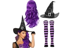 Beipegin Disfraz Bruja Mujer,Peluca de Bruja Gorro Bruja y Medias Accesorios de Disfraces Halloween Witch Costume Adulto Disfraces Carnaval Cosplay