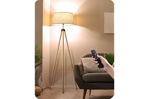 EDISHINE Lampa stojąca do salonu, ściemniana, lampa stojąca w stylu boho ze statywem z drewna, w zestawie żarówka LED E27 i pilot zdalnego sterowania, abażur w stylu vintage, lampa do czytania do