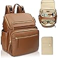 MISS FONG Baby Changing Bags, Multi-Functional Large Capacity Nappy Changing Bag for Mom & Dad with 4 Insulated Pockets, Pram Clips and Changing Mat, Leather Changing Bag Backpack- Brown