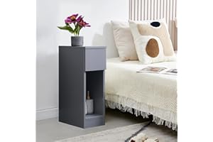 SANERY Slim Bedside Table Bedroom Nightstand with Open Shelf & Drawer, Narrow End Table Sofa Side Table for Living Room, Compact Wooden Lamp Table Telephone Table for Home Office, Grey