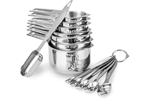 ALLWIN-HOUSEWARE W 13-Piece Measuring Cups and Spoons Set, 18/8 Stainless Steel Heavy Duty Ergonomic Handle with Ring Connector, Silver