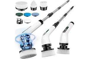 FYDEE Spazzola Rotante Pulizia Casa, Spazzola Elettrica per Pulizia con 7 Testine Sostituibili, Impermeabile IPX7, Spazzola Pulizia a Manico Lungo Regolabile per Pavimenti, Bagno, Vasca, Piastrellato