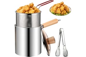 HEMORE Frittierfitcyer Topf, 3L Edelstahl Fritteuchsen -Topf mit Korb, Deckel und Zange, breiter Mundmund Fischbraten zum Braten Shrimp Huhn