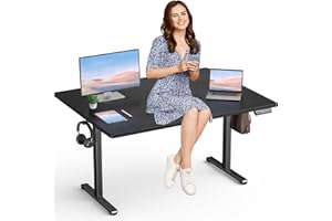 OFFIWAY Höhenverstellbarer Schreibtisch Elektrisch, Stabil Kein Schütteln Solide Stahlgestell, Ergonomischer Steh-Sitz Verstell Computertisch, One-Touch-LED Anzeige mit 3 Memory Funktion, 140x60cm, Schwarz