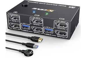 MLEEDA USB3.0 Displayport KVM Switch Dual Monitor 8K@30Hz 4K@144Hz, Commutateurs KVM 2 PC 2 Monitor avec 4 Ports USB 3.0 pour Périphérique USB, Télécommande filaire et 4 Câbles Inclus