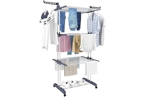 SIMPDIY Clothes Airer Clothes Drying Rack,4-Tier Foldable Clothes Horse Adjustable Large Stainless Steel Hanger Garment Laundry Racks for Indoor/Outdoor,Grey