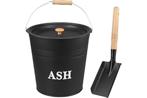 ALAYSTAR Heavy Duty 12L Steel Ash Bucket with Lid & Wooden Handle and Shovel Galvanised Black Metal Coal Bucket for Fireplaces Fire Pits Wood Burning Stoves Charcoal Ash Storage Bin Indoor Outdoor Use