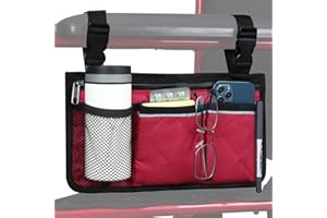 HSGEZUOQI Wheelchair Side Bag, Armrest Storage Pouch with Cup Holder and Reflective Strip for Wheelchairs, Walkers or Rollators (Red)