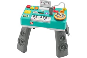 Fisher-Price Ríe y aprende Mesa de mezclas DJ musical Piano de juguete con actividades, luces y sonidos, sentado y de pie, bebés +6 meses, VERSION ESPAÑOL + Portugués+ Italiano + Inglés, HXG08