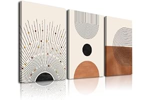 KBKBART Abstract Boho Wall Art, Mid-Century Modern Prints, Framed Canvas Art Living Room, Minimalist Neutral Beige Brown Sun Geometry Black Line Artwork Paintings, Room Decor Ready (AMZT151)