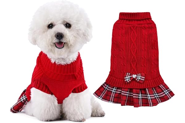 KUTKUT Small Dog Cat Girl Sweater Dress with Plaid Bowtie Pleated Skirt, Leash Hole, Turtleneck Pullover Knitwear for Puppy Winter Clothes (Size: M, Chest: 42cm - 48cm)