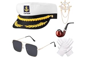 Xinstroe 5 Stück Yacht Kapitän Hut Kapitänsmütze Kostüm Set,Verstellbare Yacht Schiff Boot Marine Mütze Mit Sonnenbrille,Kapitän Prop,Handschuhe,Abzeichen für Partys Cosplay