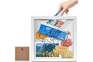 WEFINEST Reise Abenteuer Archivbox, 20 x 20cm Sammelbox Für Erinnerungen mit Schlitz, Ticket Memory Box Holzrahmen Reise Sammelbox, Weiß Schattenbox Bilderrahmen für Reisetickets, Souvenirs, Konzertkarten