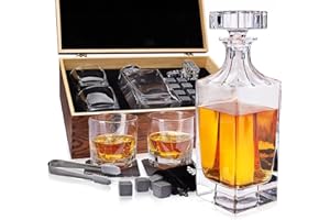 Whisky Geschenkset – Whiskey Gläser, Karaffe, Steine, Eiszange, Untersetzer, Holzkiste, Samtbeutel, Geschichts- und Rezeptkarten – Zubehör Set, Geschenk für Männer, Ehemann von Royal Reserve