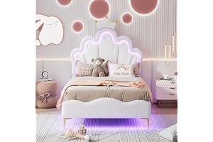 KOOPMAD Barnsäng Flicka 90x200, Barnsäng Prinsessa med LED-belysning, Stoppad Barnsäng med Sänggavel, Design i Kronform för Barn & Tonåringar, Enkel Barnsäng, PU, Vit (utan madrass)