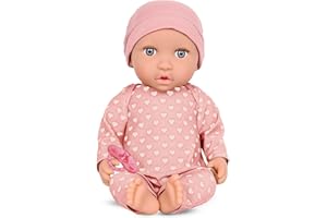 LullaBaby 14-inch Realistic Fair Skin Tone & Gray Eyes – Soft Body & Removable Outfit Hat & Pacifier Accessory – Toys for Kids Ages 2 & Up – Baby Doll – Pink Heart-Print Pajama, LBY7223Z, Multi