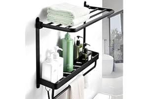 IKHAI® Toalleros de Baño Sin Taladro Negro Adhesivo Pared - Estanteria Baño Ducha Sin Taladro - Accesorios Baño Sin Taladro Negro - Organizador Baño - Muebles Colgador Toalla - Baldas Porta Toallas