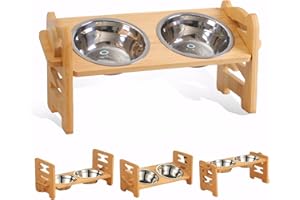 KONGMING Dog Bowl,6 Level Adjustable Raised Dog Bowl with 2 Stainless Steel Bowls,Elevated Bamboo Bowls with Stand,Dogs & Cat Feeding Station with Anti Slip Feet for Small,Medium & Large Dogs or Cat