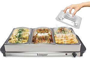 BEPER P101TEM002 Buffetwärmer, Speisenwärmer, 4 herausnehmbare Tabletts + Warmhalteplatte, Einstellbarer Thermostat und wärmeisolierende Griffe, ideal für Partys und Veranstaltungen