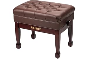 FILISITE Adjustable Height Piano Bench with Storage, Heavy Duty Solid Wood Piano Stool Keyboard Bench with PU Leather Padded Cushion (Brown)