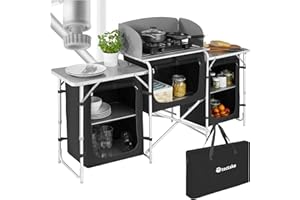 TecTake® Meuble de Rangement Cuisine de Camping Pliable en Aluminium, avec Étagères, Plan de Travail, Pieds réglables, Sac de Transport Inclus, Stockage pour Vaisselle, Accessoires Cuisine, Aliments