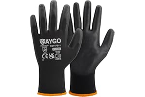 KAYGO Work Gloves PU Coated-12 Pairs, KG11PB, Black Safety Working Gloves with Secure Grip on Palm & Fingers, for Men and Women, Ideal for General Duty Work, Gardening (XX-Large, Black)