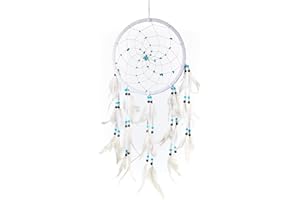 ‎PINK PINEAPPLE Pink Pineapple Dreamcatcher mit Federn: Handgemachter Traumfänger Veganer Wildleder mit Türkis Steinen - Vielen farben - Großer Traumfanger Mit 22 cm Durchmesser und 60 cm Lang (Weiß)