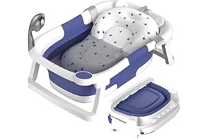 Rabb 1st Bañera Plegable Bebé, Imprescindible para Bebe, Recién Nacido a Niño Pequeño, Bañera de Viaje Portátil con Alfombrilla Antideslizante y Orificio de Drenaje (Sin Termómetro)(Azul)