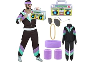 ATOWORLD 1980s 80s Fancy Dress Men Shell Suit 80s 90s Fancy Dress Costumes for Men Women Adult Retro Rave Scouser Stag Do Outfit 80s Costume Dress up Men 80s Tracksuit Black Jackets Pants Accessories