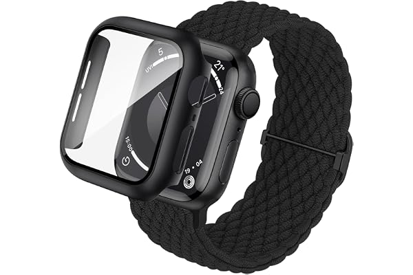 Raradev 3-i-1 kompatibel med Apple Watch flätade remmar 40 mm 41 mm 44 mm 45 mm 42 mm 46 mm och fodral och skärmskydd, stretchigt band och fodral med 9H härdat glas för iWatch Series SE 10 9 8 7 6 5 4