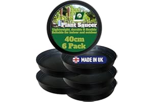LBS HORTICULTURE 6 Pack Outdoor & Indoor Plant Pot Saucers – Frost & Crack Resistant. Durable Round Black Trays, High Rims, Lightweight And Reusable. UK Made. Prevent Surface Damage & Catch Excess Water. 40cm Diam.