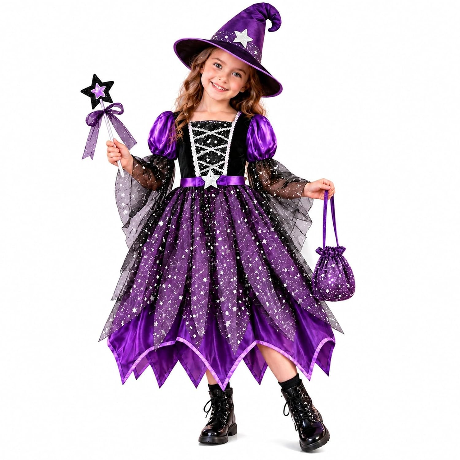 Generico Vestito Halloween Bambina Strega, Costume Da Strega Per Bambina Set 4 Pezzi Con Vestito Cappello Bacchetta Borsetta Per Halloween Carnevale Spettacolo Festa 4-14 Anni
