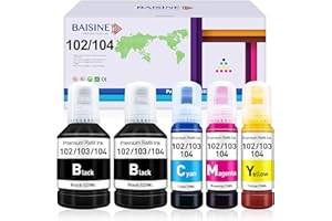 BAISINE 104 Ink Compatible for Epson 104 102 Ink Bottle Multipack for Epson Ecotank ET-2850 ET-2750 ET-3850 ET-4800 ET-4850 ET-2810 ET-2812 ET-2820 ET-2830 ET-2856 ET-2750 ET-15000 ET-2860 ET-2861