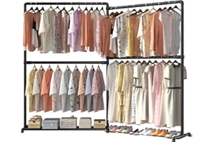 LOEFME Heavy Duty Clothes Rail with 360° Foldable Side Arms, Freestanding Metal Clothes Rack with Bottom Storage Shelf for Bedroom or Shop, 150 kg Load Capacity (Black)