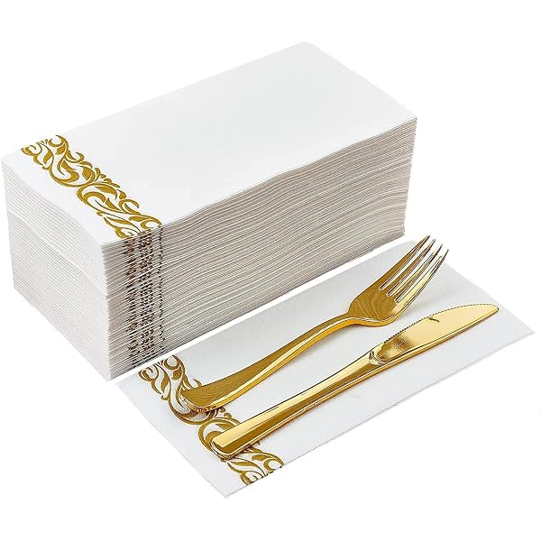 50 Serviettes En Papier Cocktail Blanc Bord Doré - Pour Mariage, Anniversaire, Fête | Motif Élégant