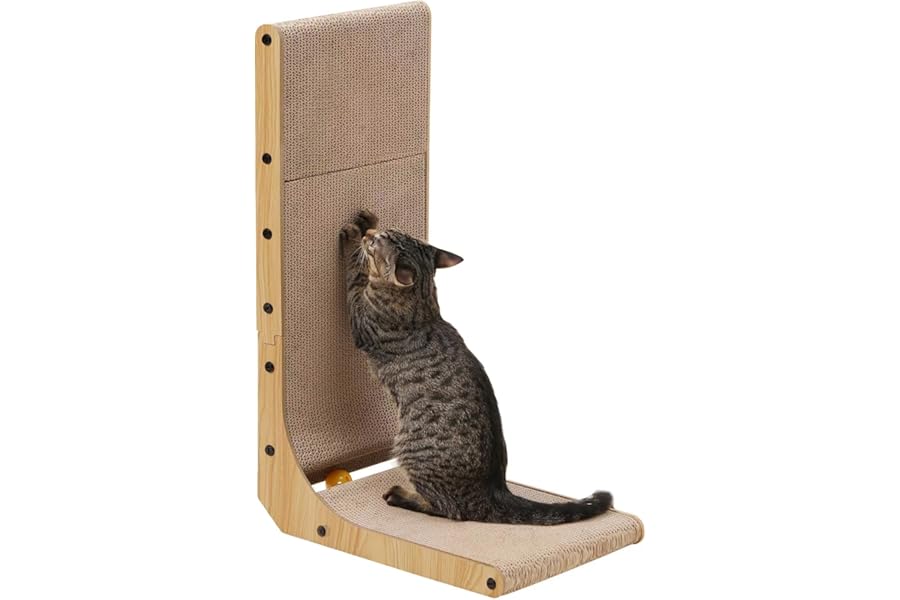 FUKUMARU Cat Scratcher, 68 cm L Shape Cat Scratch Pad Wall Mounted, Cat Scratching Cardboard with Ball Toy for Indoor Cats