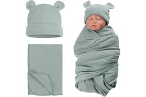 XIAOHAWANG Coton Couverture d'emmaillotage avec Bébé Chapeau de Nouveau Né Mignon Ours Naissance Couverture et Bonnet (Vert de Gris)