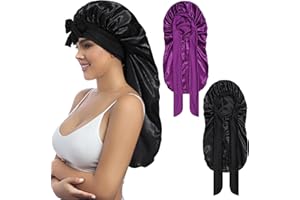 Coubeau 2 PCs Bonnet de Nuit Long en Satin pour Femme - Tissu Doux et Confortable de Haute Qualité Adapté aux Cheveux Longs et Bouclés - Bande élastique et Réglable