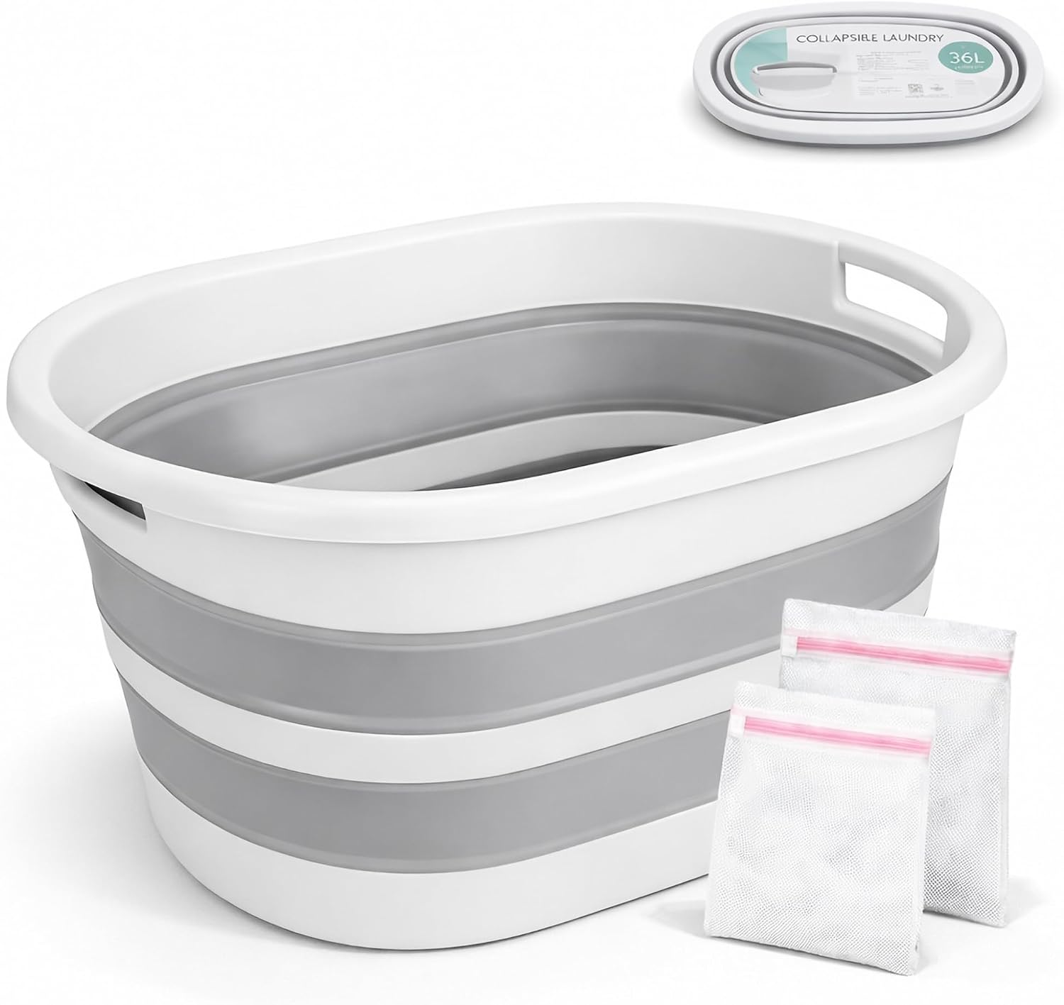 ForenTex Cesta Ropa Sucia Plegable 36L con 2 Bolsas de Lavado, Cesto Ropa Sucia Plástico TPR+PP Resistente, Barreño Colada Plegable Ahorra Espacio para Baño, Lavandería y Dormitorio, Gris y Blanco