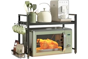 NETEL Expandable Microwave Shelf, 2-Tier Microwave Stand with Spice Basket, Coffee Station Organizer with Large 4 Hooks, Mug Holder, Bakers Rack with Small 8 Plastic Hooks,Kitchen Countertop Organiser