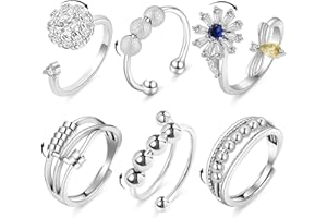 Aucuu Angst Spinning Ringe für Damen, Kupfer-versilberter Damenringe, Offener Ringe Fidget Spinner Ringe, Zirkonia Zappelringe, Verstellbare Stapelbare für Stress Abbauen