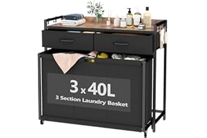 GYFIMOIE Large Laundry Basket with Wheels & 3 Compartments - 3 x 40L Laundry Sorter Bag for Washing, Dual-Drawer Laundry Storage Hamper, Ideal for Laundry Room, Bedroom, Bathroom (Black)