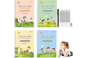 KECOLNA Magic Practice Copybook for Kids, Magic Calligraphy That Can Be Reused,Magical Handwriting Workbooks Practice Copybook for Preschoolers Kindergarten(4 Large Books + Pen Set)