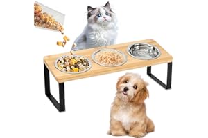 TOWEAR Raised Cat Bowl with Stand, 15° Tilted Stainless Steel Bowls Set of 3 - Elevated Feeding Station for Cats & Small Dogs, Anti Vomit, Bamboo Base, Easy Clean (Woodiness)