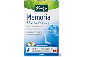 Kneipp Memoria Y Concentracion, Vitaminas para Reducir la Fatiga y el Cansancio, Ideal para situaciones de Estrés o Estudio, Vitaminas B1, B2, B5, B6, B12, C y Ginseng, 30 Cápsulas