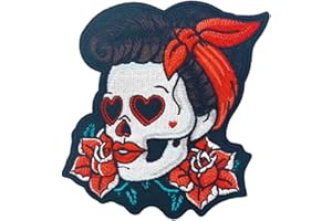 LILIE CRÉA Pin-up rockabilly, patch brodé tête de mort, sugar skull, écusson thermocollant rockabilly 10 cm