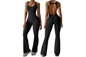 Litthing Womens Flared Jumpsuit Backless Bodycon One Piece Sleeveless Sexy Yoga Unitards U Neck Jumpsuits Fitness Removable Padded Playsuit Hollow Racerback Gym Romper for Women