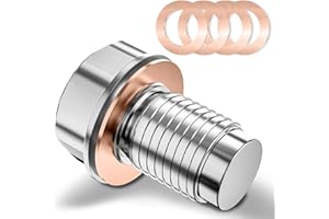 JIZZU Magnetic Oil Drain Bolt Stainless Steel Engine, M14*1.5 Magnetic Oil Drain Plugs Leak-proof Sump Drains Nut Bolts with Copper Crush-proof Gasket Replacement Fittings for Most Cars(Bolt+5 pad)